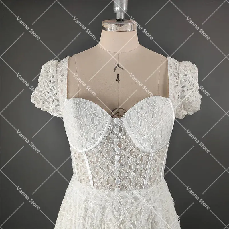 Cutout Lace Sweetheart Bridal Gowns Customized Square Back Short Cap Sleeves A Line Wedding Dress