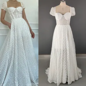 Cutout Lace Sweetheart Bridal Gowns Customized Square Back Short Cap Sleeves A Line Wedding Dress