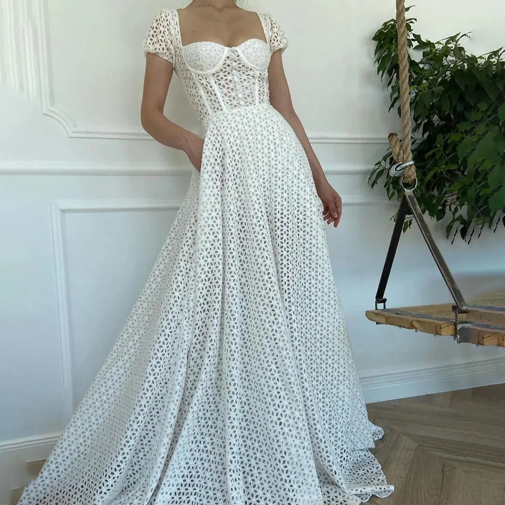 Cutout Lace Sweetheart Bridal Gowns Customized Square Back Short Cap Sleeves A Line Wedding Dress