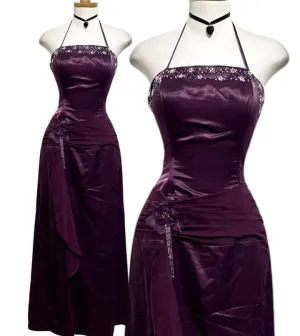 Dark Purple Halter Neck Sheath Satin Long Party Dress Vintage Evening Dress, D737