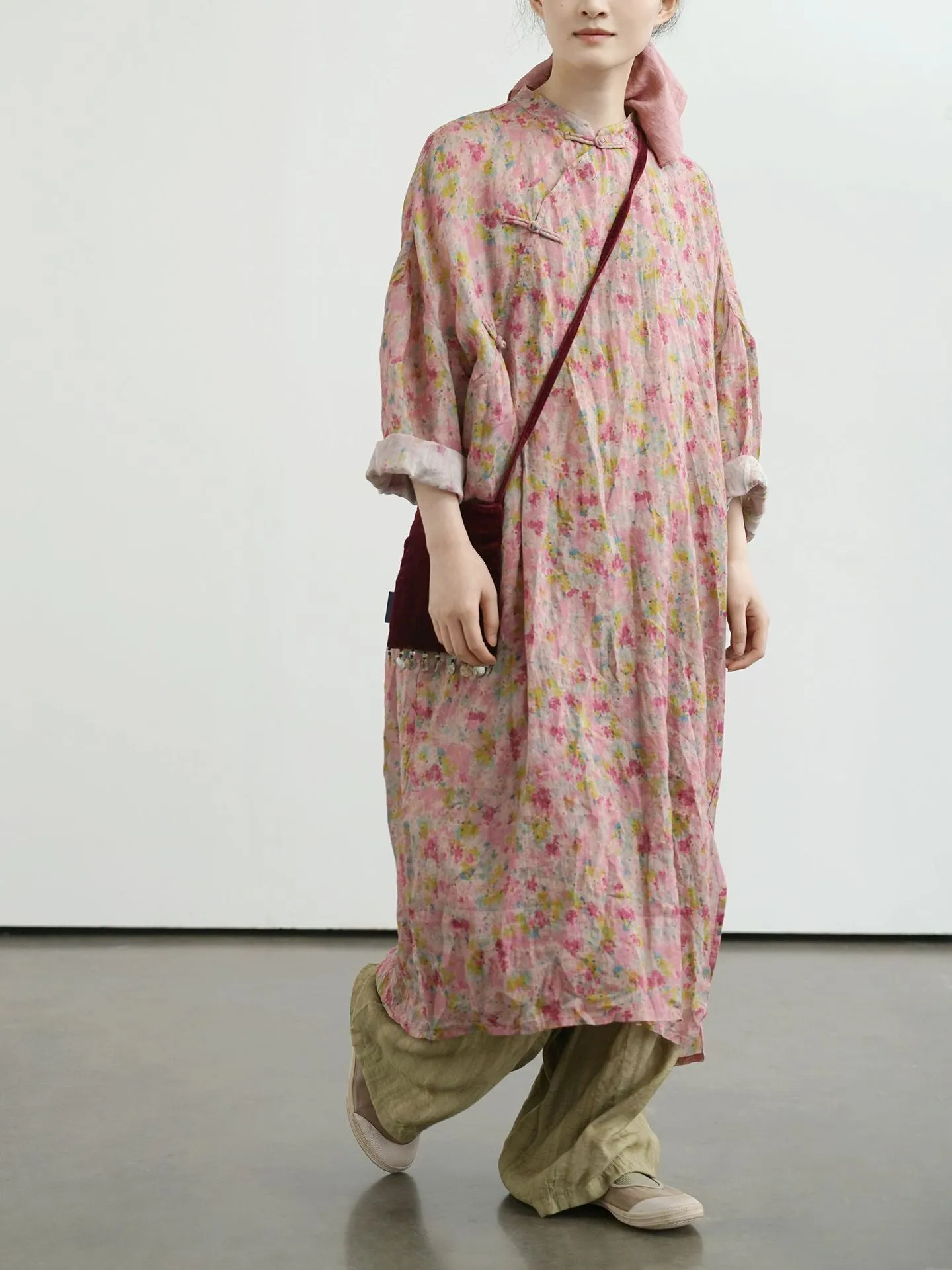 Deep Pink Floral Cheongsam Cocoon Dress