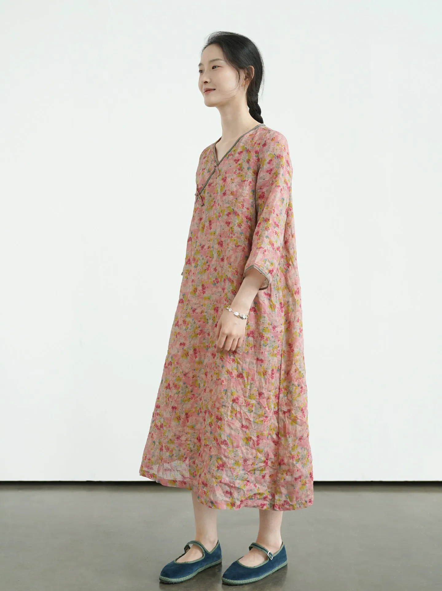Deep Pink Floral V-Neck Cheongsam Qipao Dress