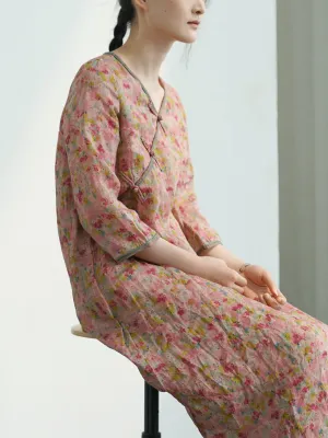 Deep Pink Floral V-Neck Cheongsam Qipao Dress