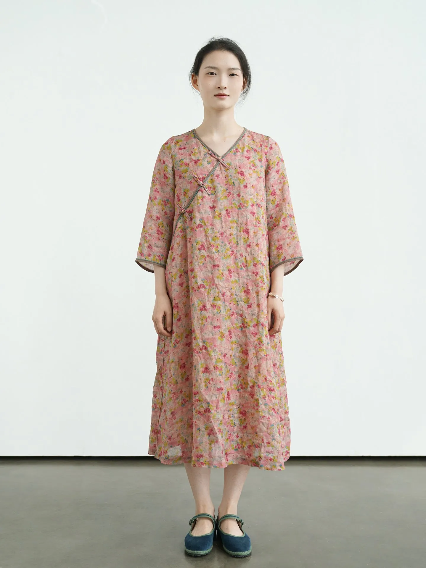 Deep Pink Floral V-Neck Cheongsam Qipao Dress