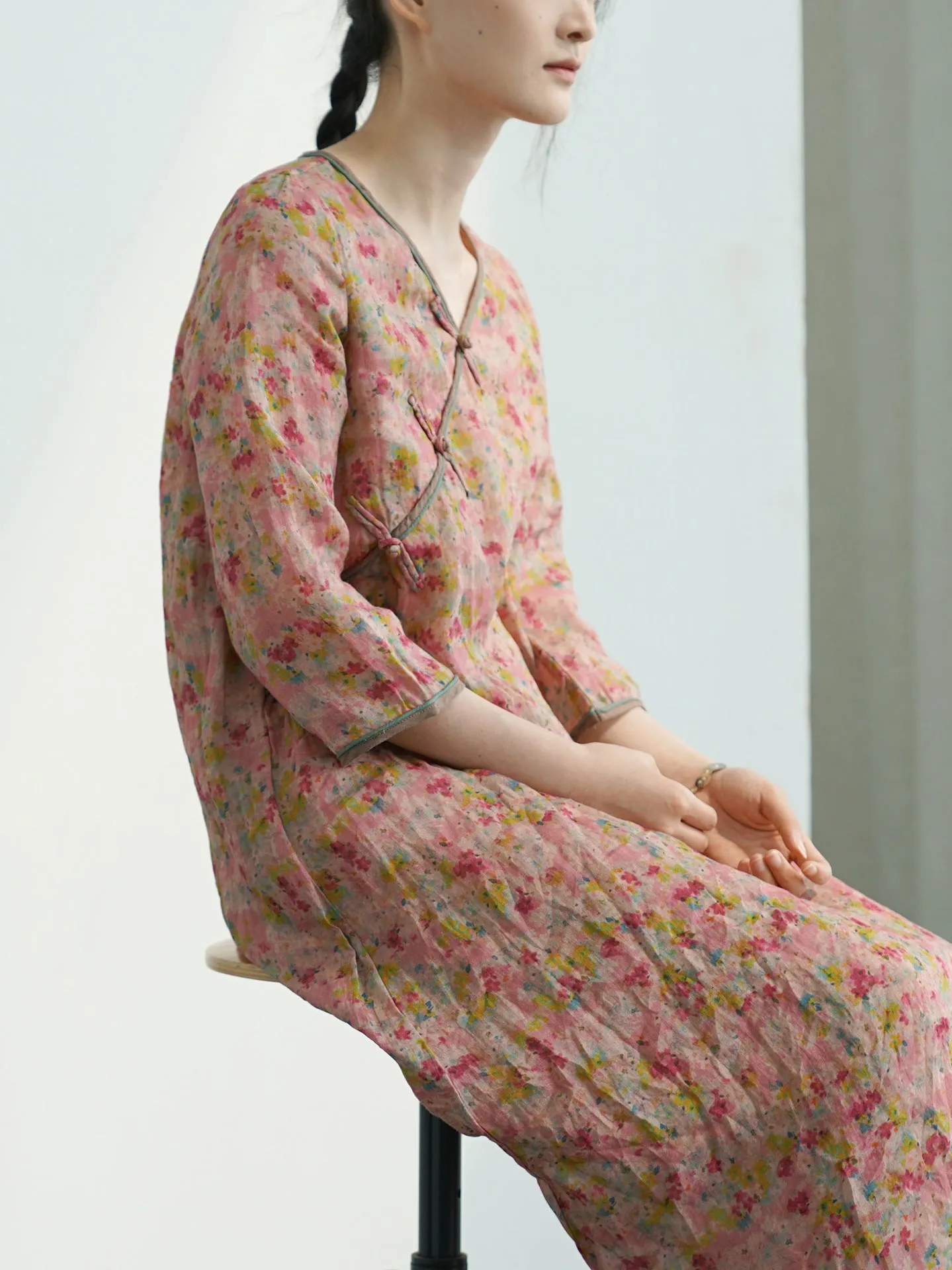 Deep Pink Floral V-Neck Cheongsam Qipao Dress