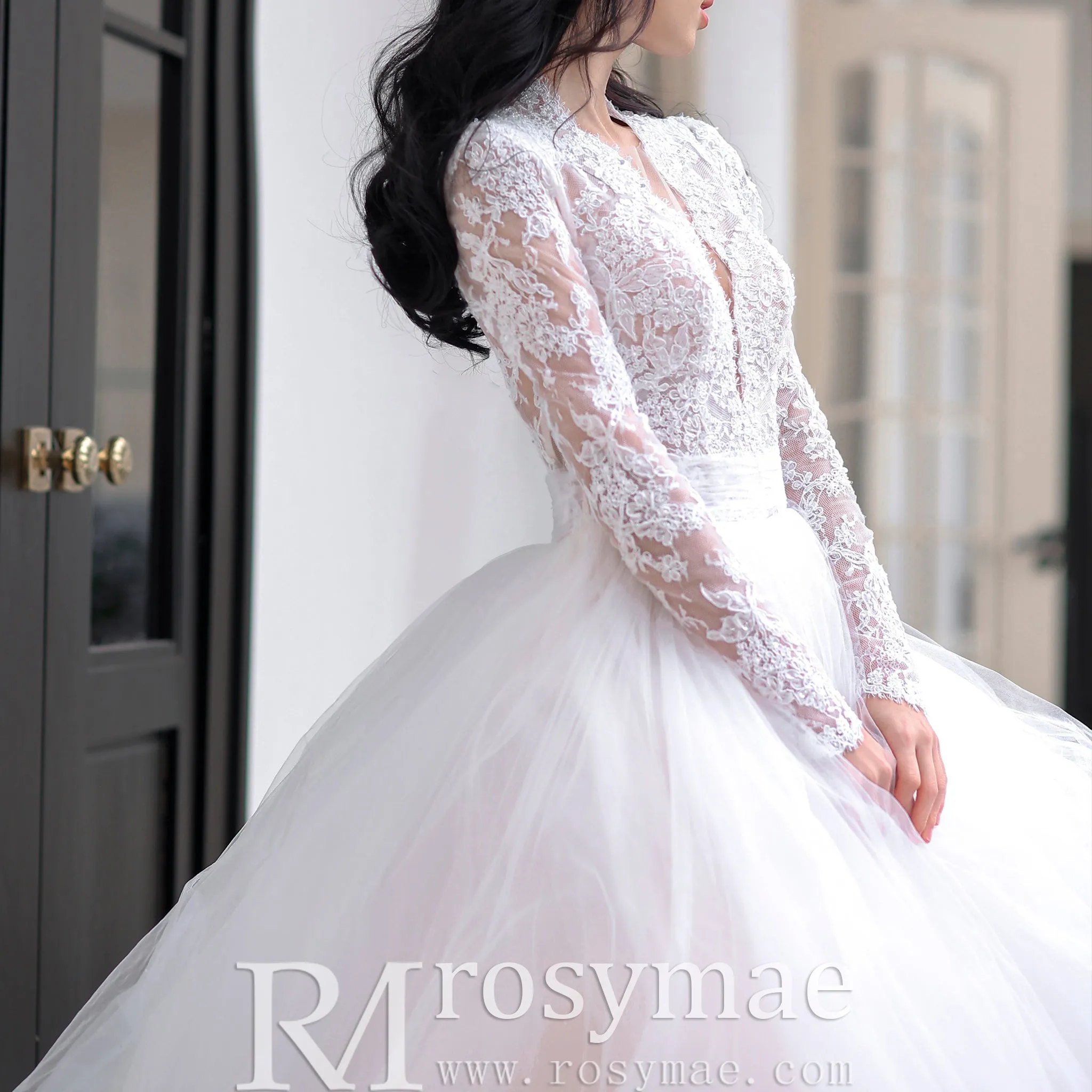 Deep V & Plunge Neckline Wedding Dress with Long Sleeve