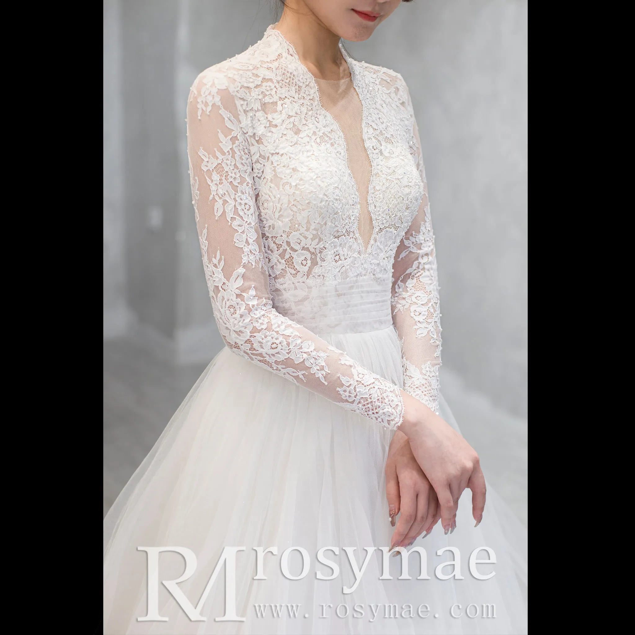 Deep V & Plunge Neckline Wedding Dress with Long Sleeve