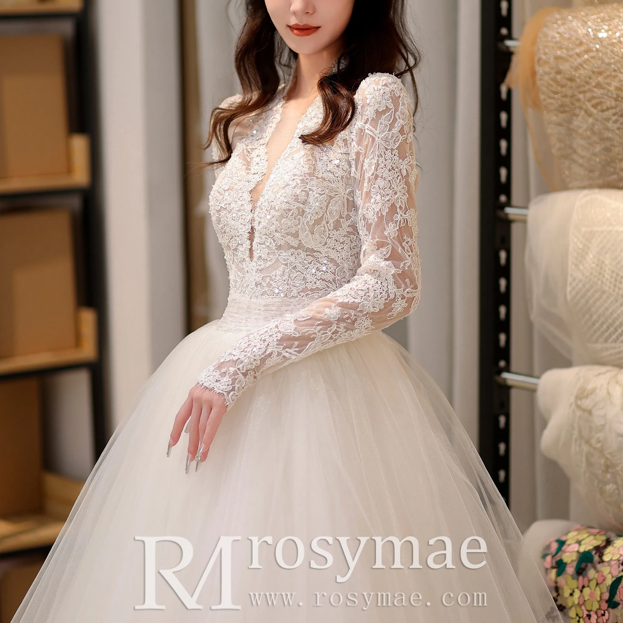 Deep V & Plunge Neckline Wedding Dress with Long Sleeve