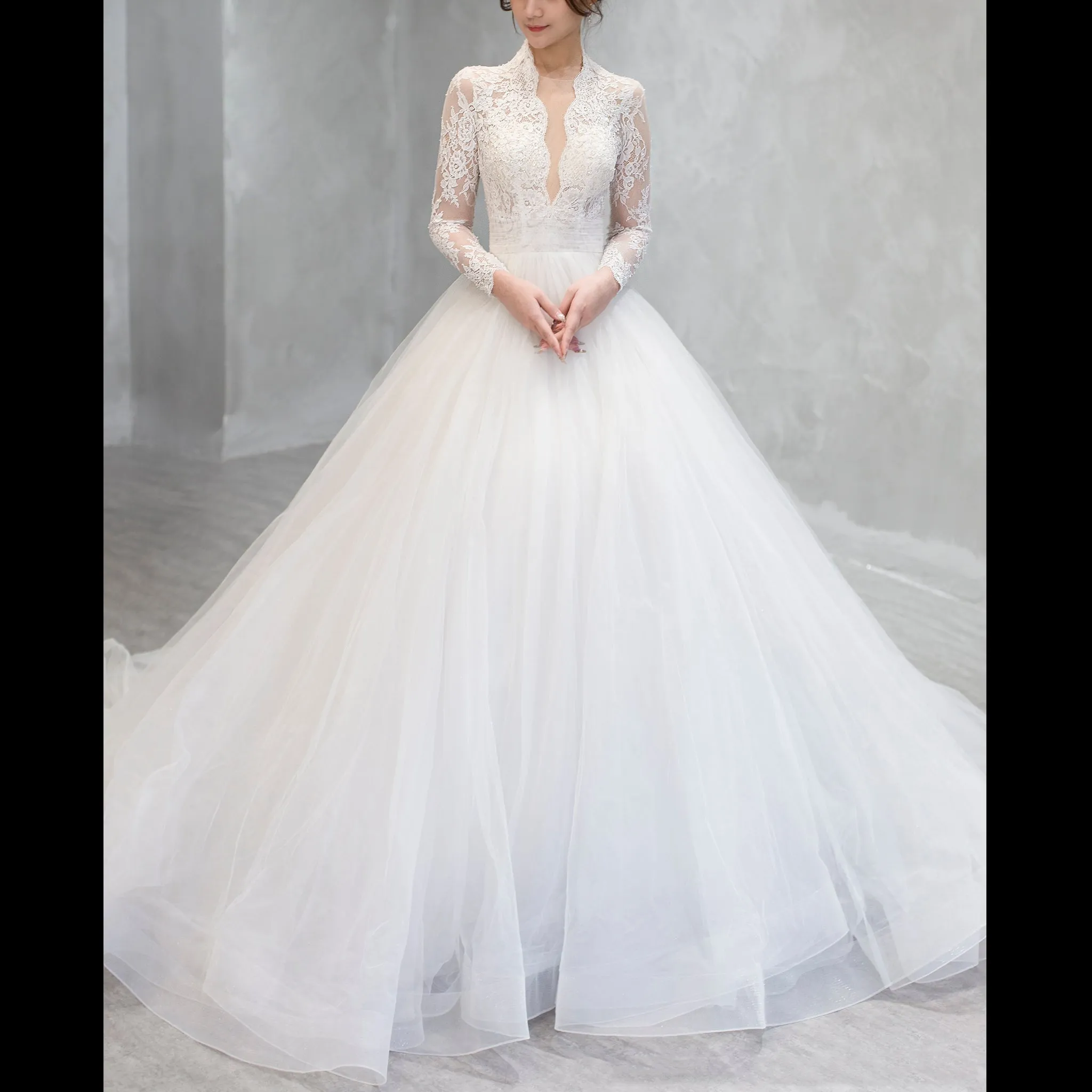 Deep V & Plunge Neckline Wedding Dress with Long Sleeve