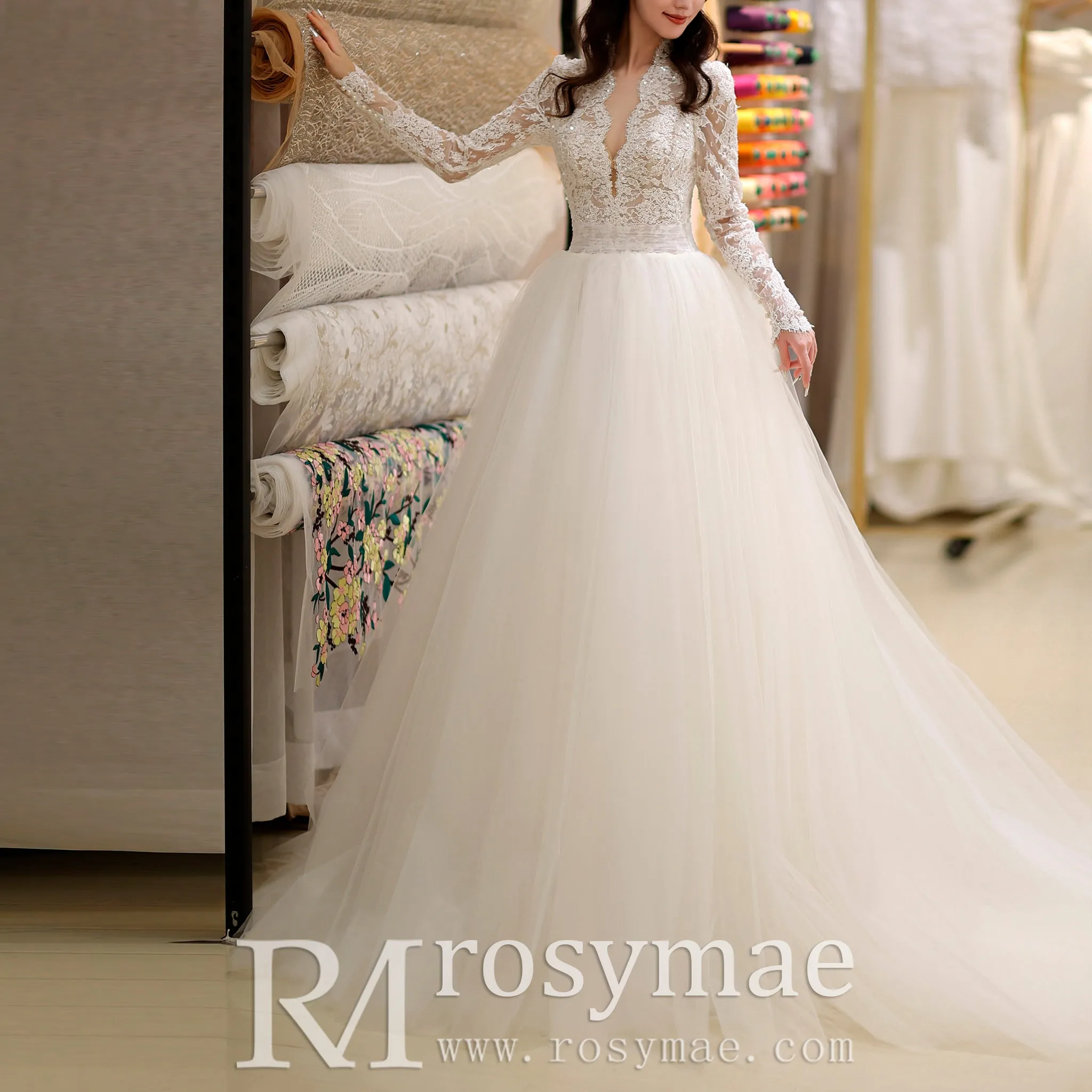 Deep V & Plunge Neckline Wedding Dress with Long Sleeve