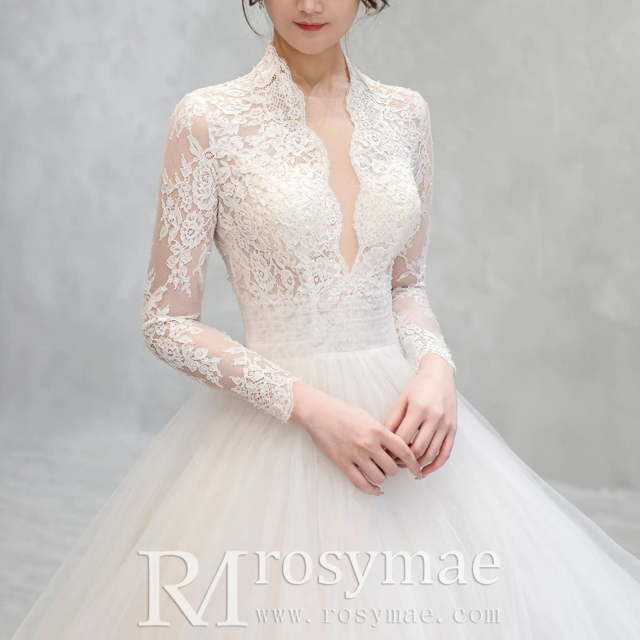 Deep V & Plunge Neckline Wedding Dress with Long Sleeve
