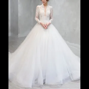 Deep V & Plunge Neckline Wedding Dress with Long Sleeve