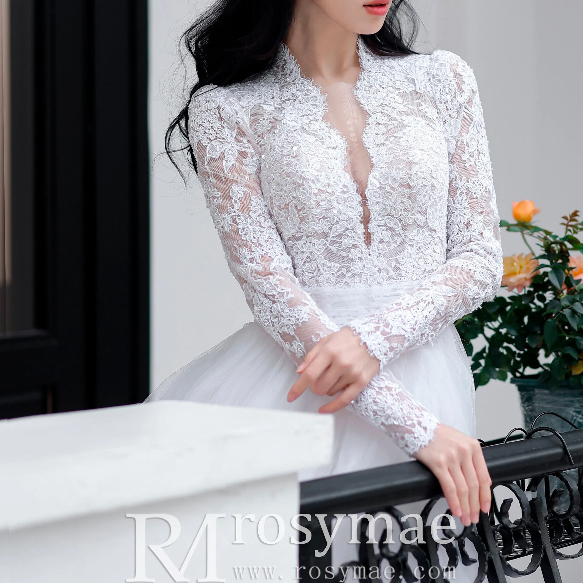 Deep V & Plunge Neckline Wedding Dress with Long Sleeve