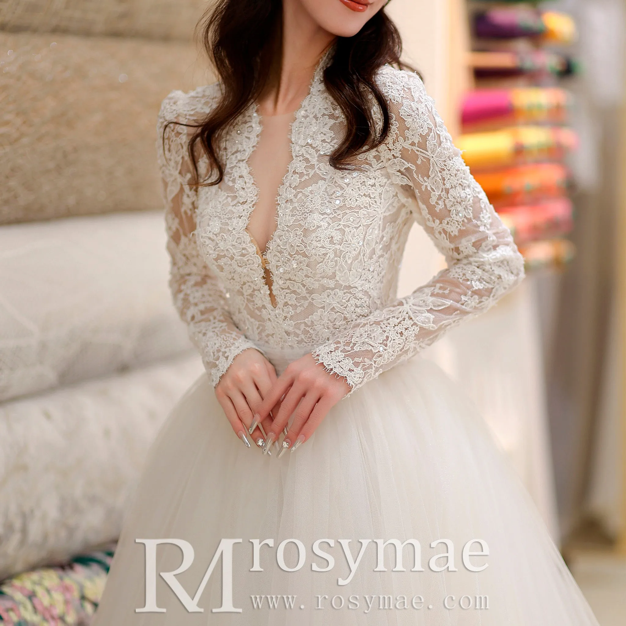 Deep V & Plunge Neckline Wedding Dress with Long Sleeve