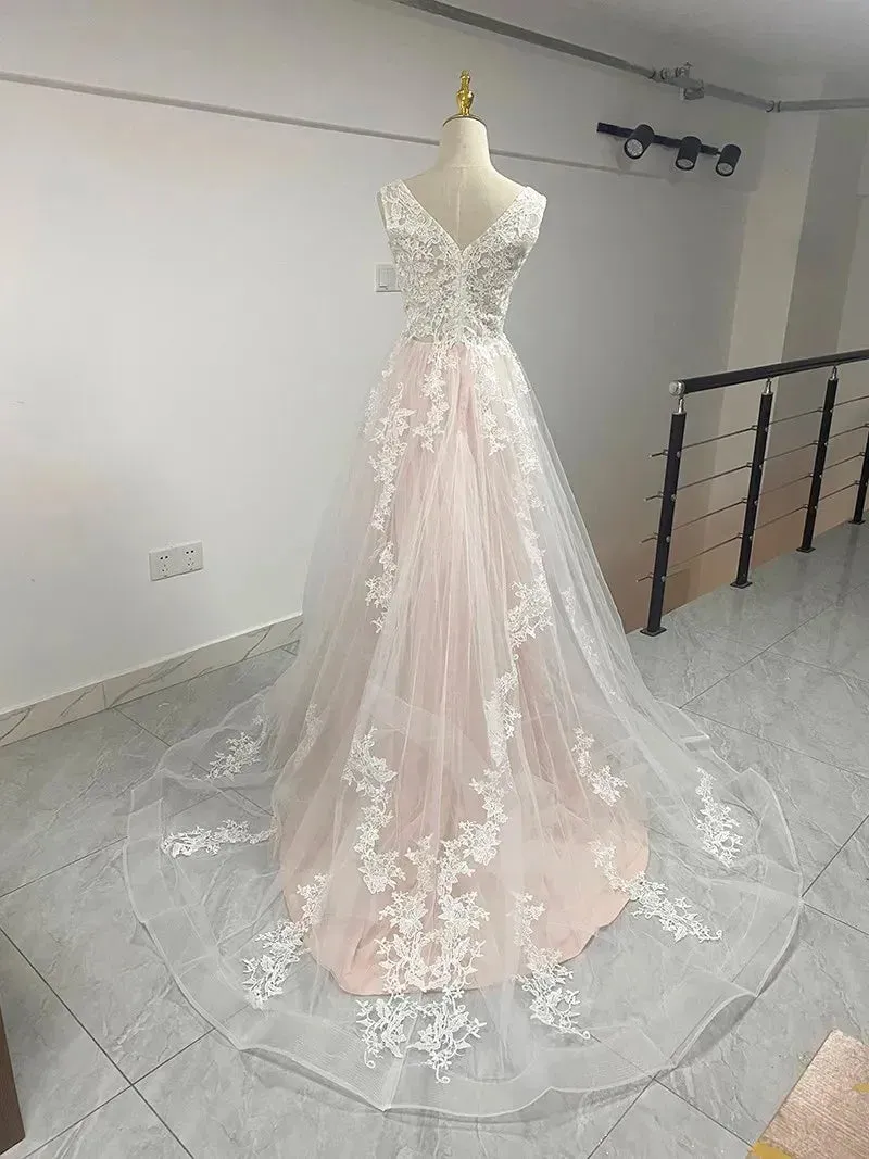 Deep V-neck Wedding Dresses Court Train Lace Boho Wedding Gown A-line Vestido De Noiva Zipper Robe De Mariee