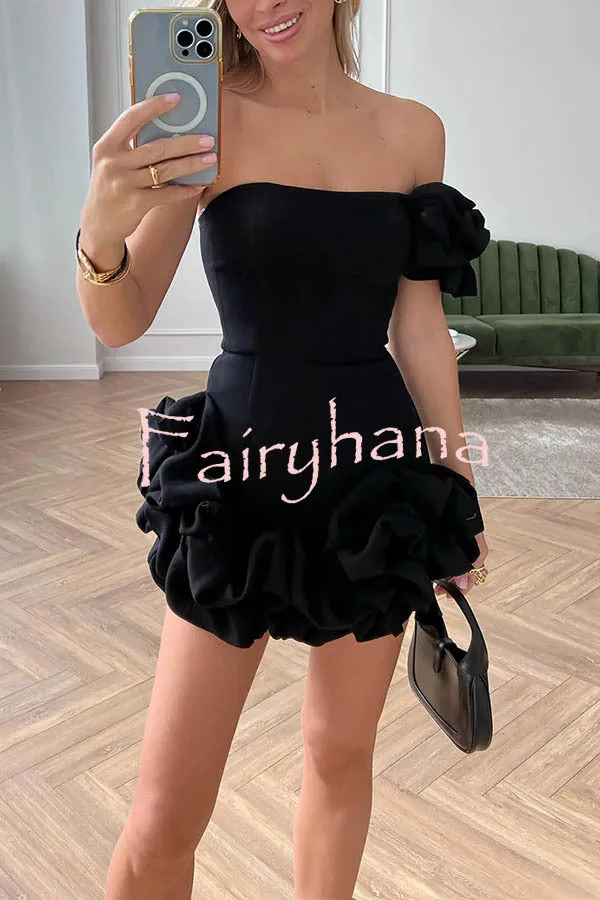 Delightful and Elegant Vibe Off Shoulder Flounce Bottom Mini Dress