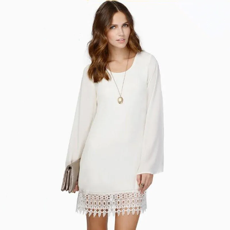Dress Long Sleeve Party Dresses Women Lace Chiffon Casual Mini Dress White Black