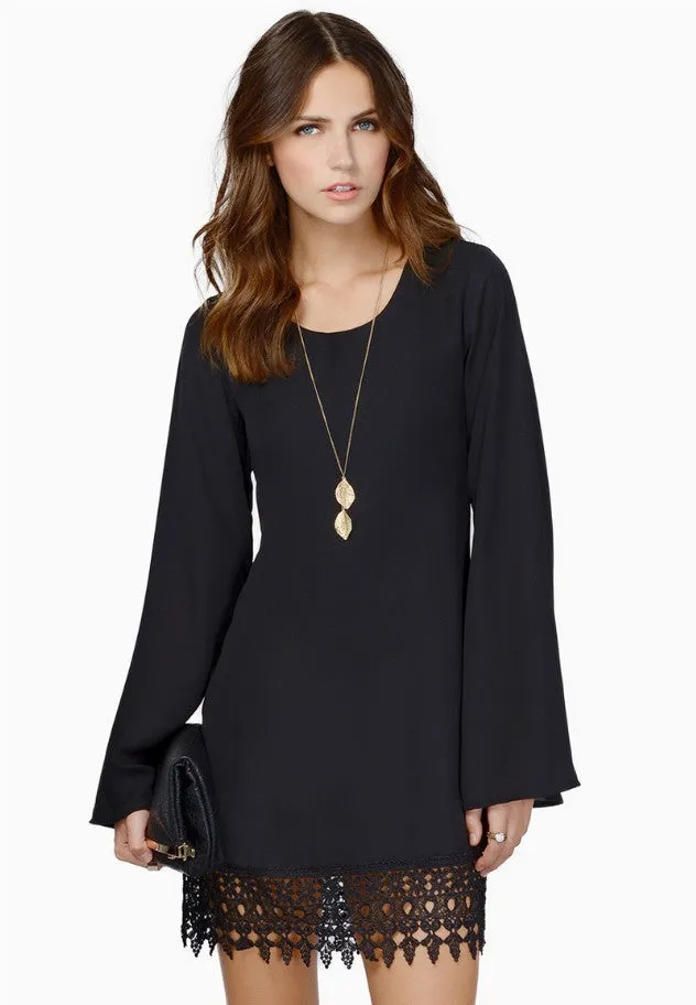 Dress Long Sleeve Party Dresses Women Lace Chiffon Casual Mini Dress White Black