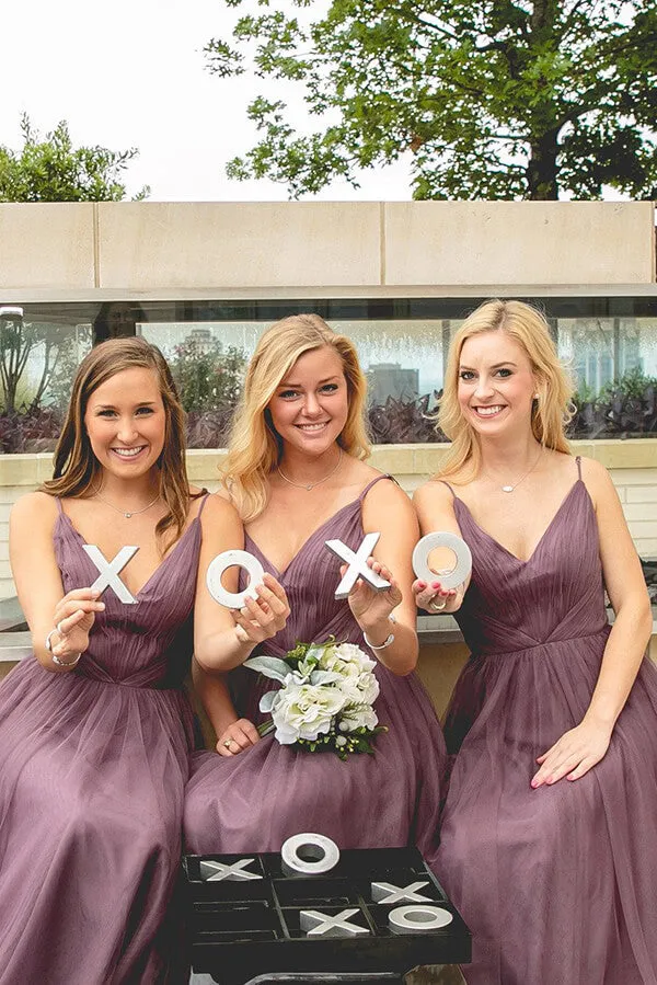 Dusty Purple Tulle Spaghetti Straps A-line V-neck Bridesmaid Dresses, MBD153