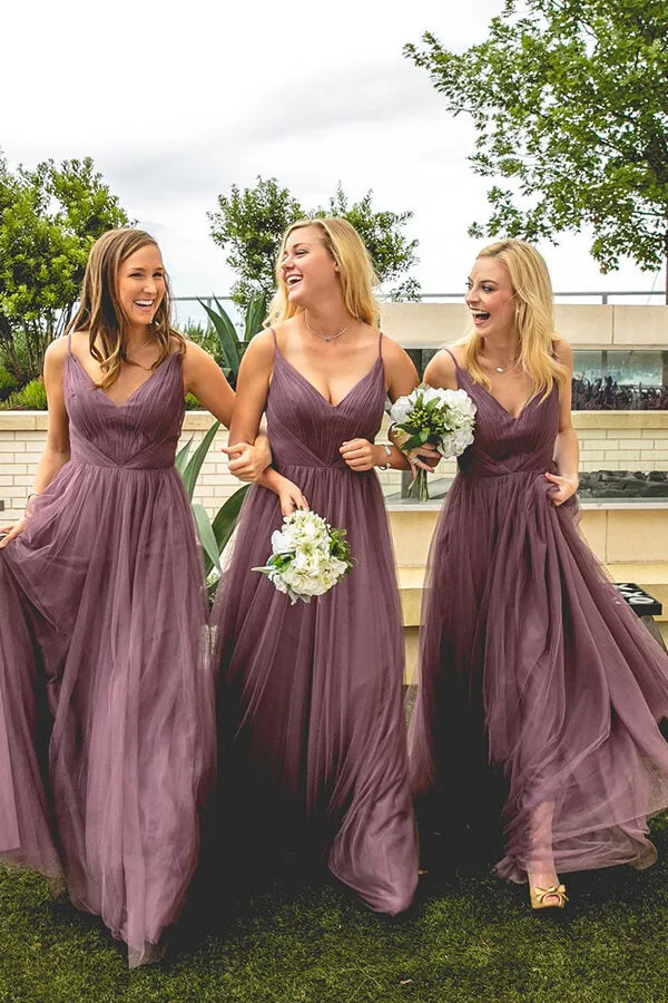 Dusty Purple Tulle Spaghetti Straps A-line V-neck Bridesmaid Dresses, MBD153