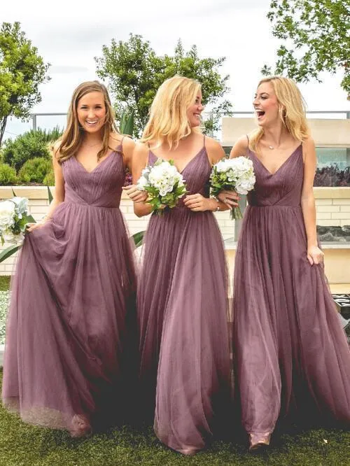 Dusty Purple Tulle Spaghetti Straps A-line V-neck Bridesmaid Dresses, MBD153