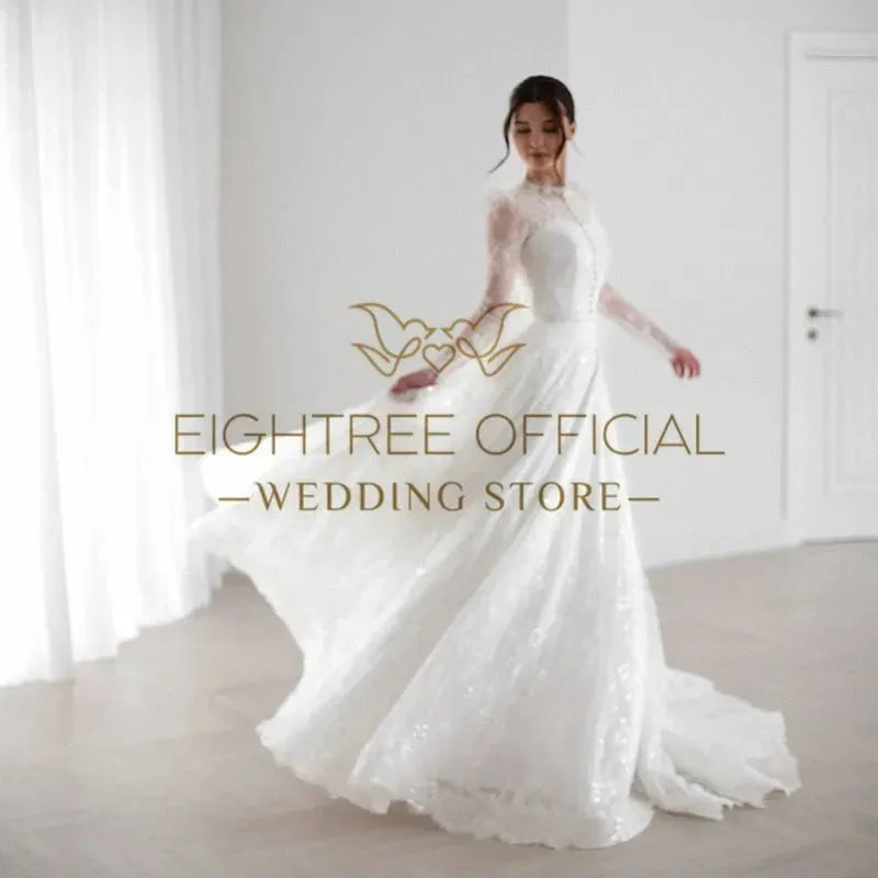 Elegant A-Line Wedding Dresses 2025 Long Sleeve Lace Glitter Bridal Dress Boho Beach Wedding Prom Ball Gowns Customized