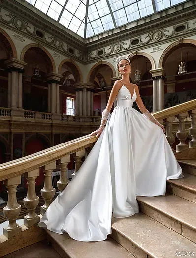 Elegant A Line Wedding Dresses For Women V-Neck Satin Bridal Gowns Spaghetti Straps Wedding Party Gowns Robe De Mariée
