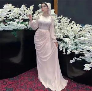 Elegant Baby Pink Muslim Arabic Prom Dresses Long Sleeves O-Neck Chiffon Pleat Formal Evening Dress Women Party Gowns