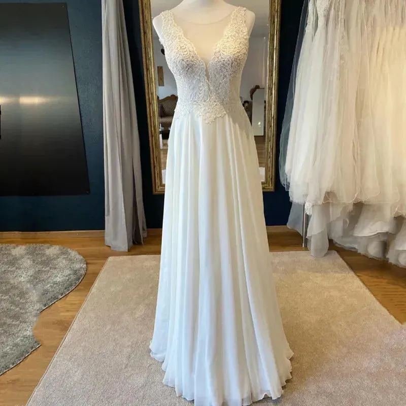 Elegant Bohemian Wedding Dresses Lace Appliques A-Line Floor-Length Backless O-Neck Sleeveless Bride Gown Robe De Mariée