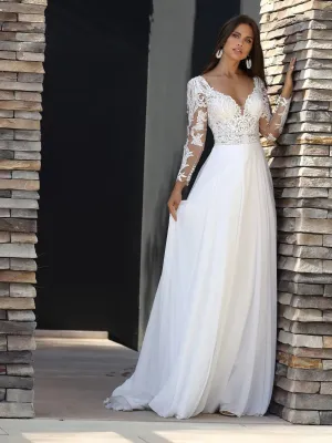 Elegant Boho V-Neck Lace Chiffon Wedding Dresses for Women Long Sleeves Wedding Gowns A-LineA-Line vestidos de novia