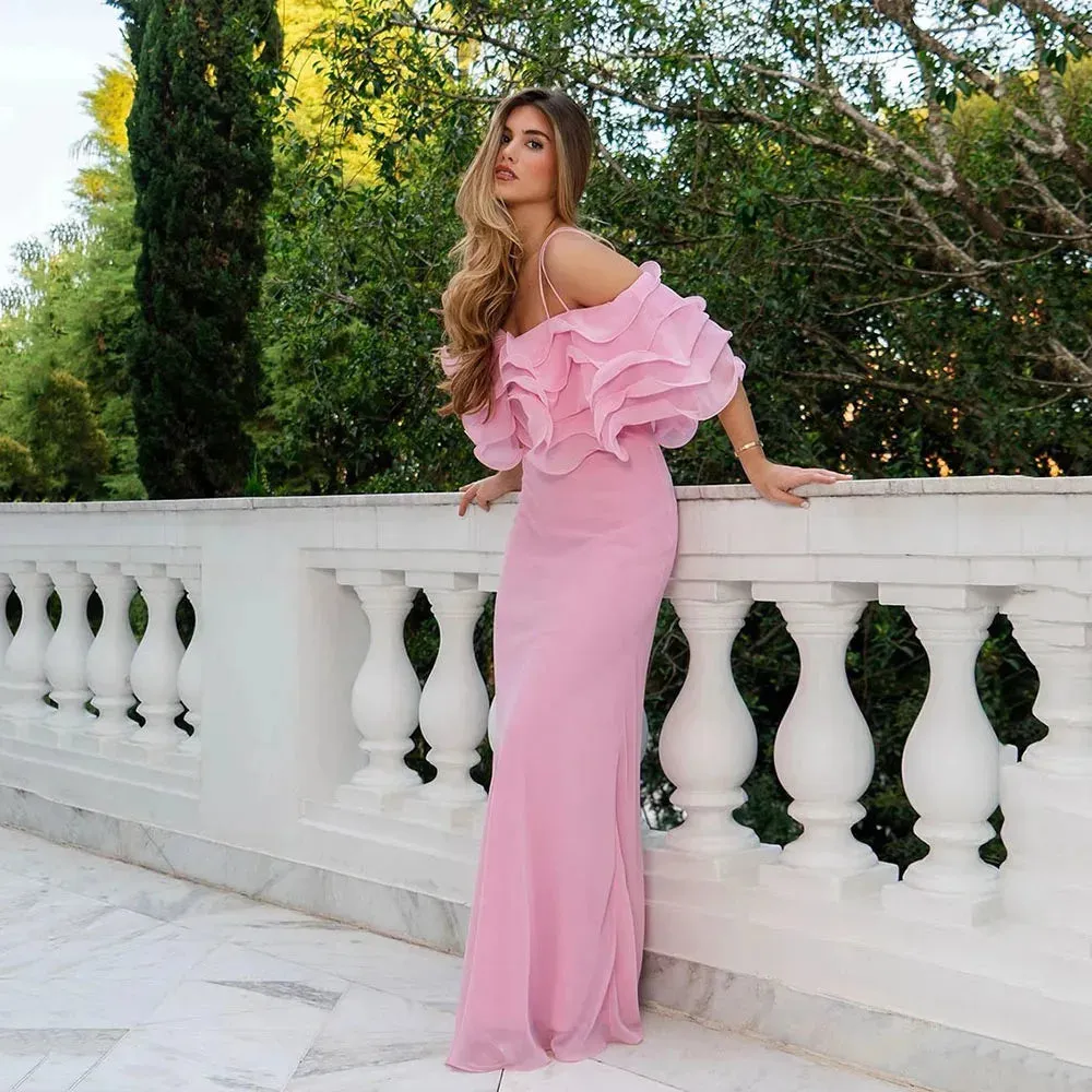 Elegant Pink Straight Long Evening Dresses Chiffon Off the Shoulder Wavy Pleats Women Formal Party Dress Prom Gowns
