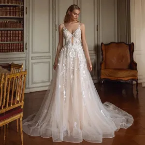 Elegant Princess Wedding Dresses A-Line V-Neck Appliques Backless Wedding Gown Boho Bridal Prom Dress bestidos de novia