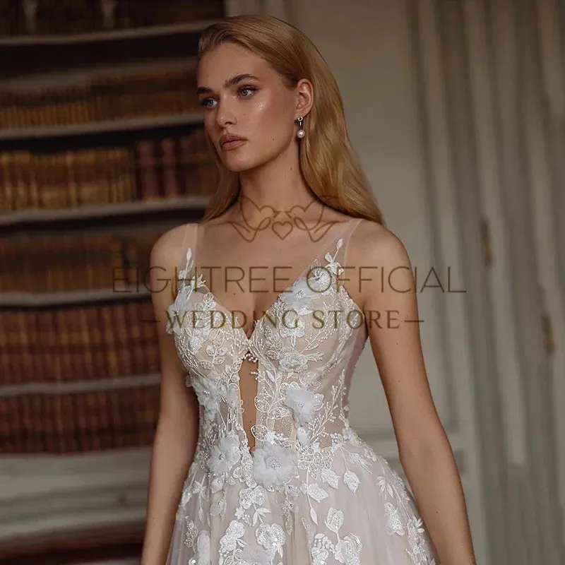 Elegant Princess Wedding Dresses A-Line V-Neck Appliques Backless Wedding Gown Boho Bridal Prom Dress bestidos de novia