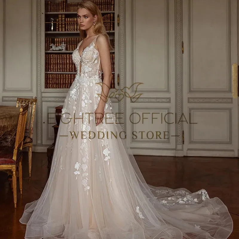 Elegant Princess Wedding Dresses A-Line V-Neck Appliques Backless Wedding Gown Boho Bridal Prom Dress bestidos de novia