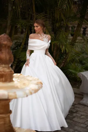 Elegant Satin A Line Wedding Dresses For Women Off The Shoulder Pleats Appliques Bride Gowns Sweep Train Vestidos De Novia