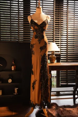 Elegant Spaghetti Straps Sheath Lace Beading Vintage Long Evening Party Dress, D943