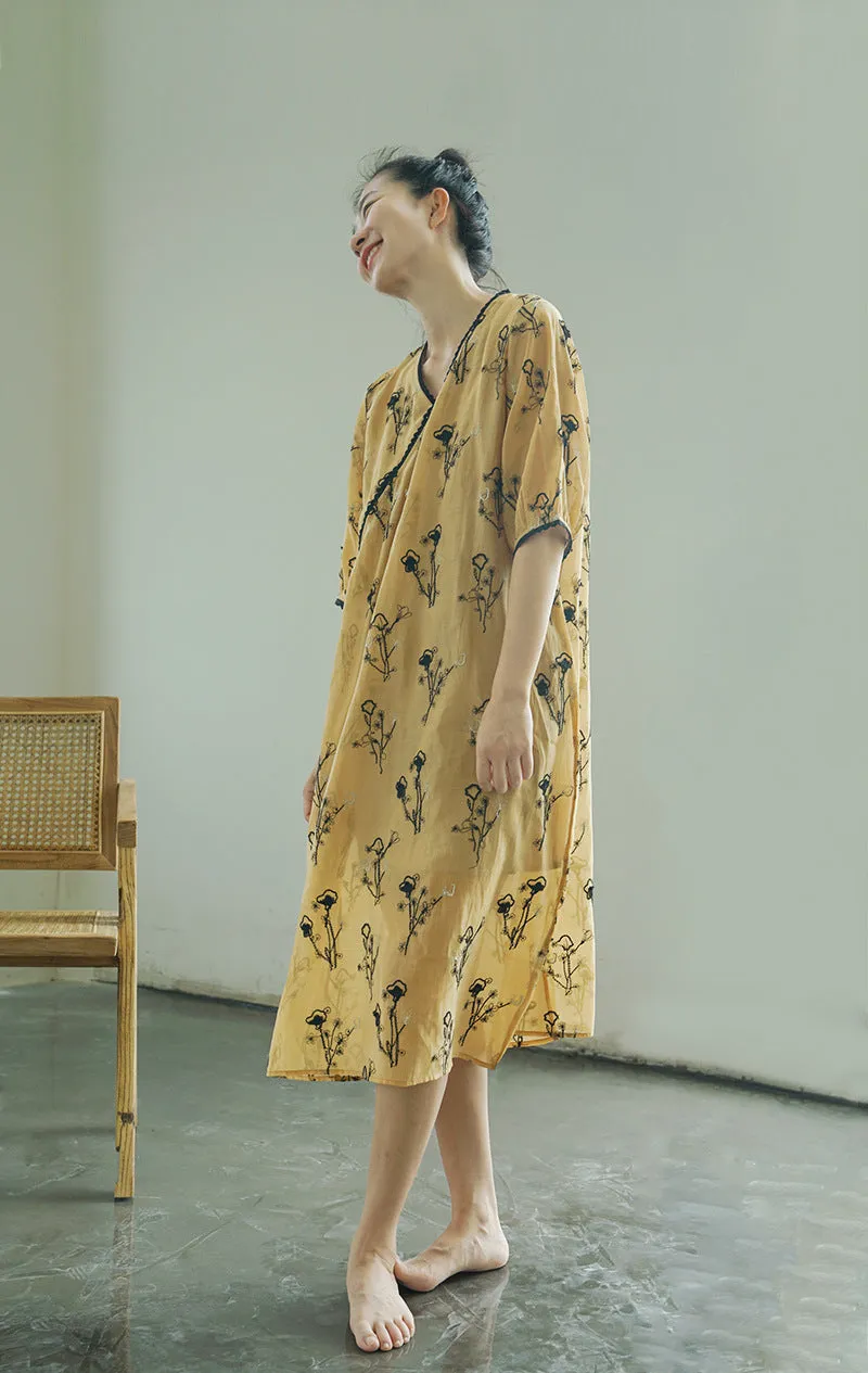 Embroidered Cheongsam Maxi Dress in Yellow