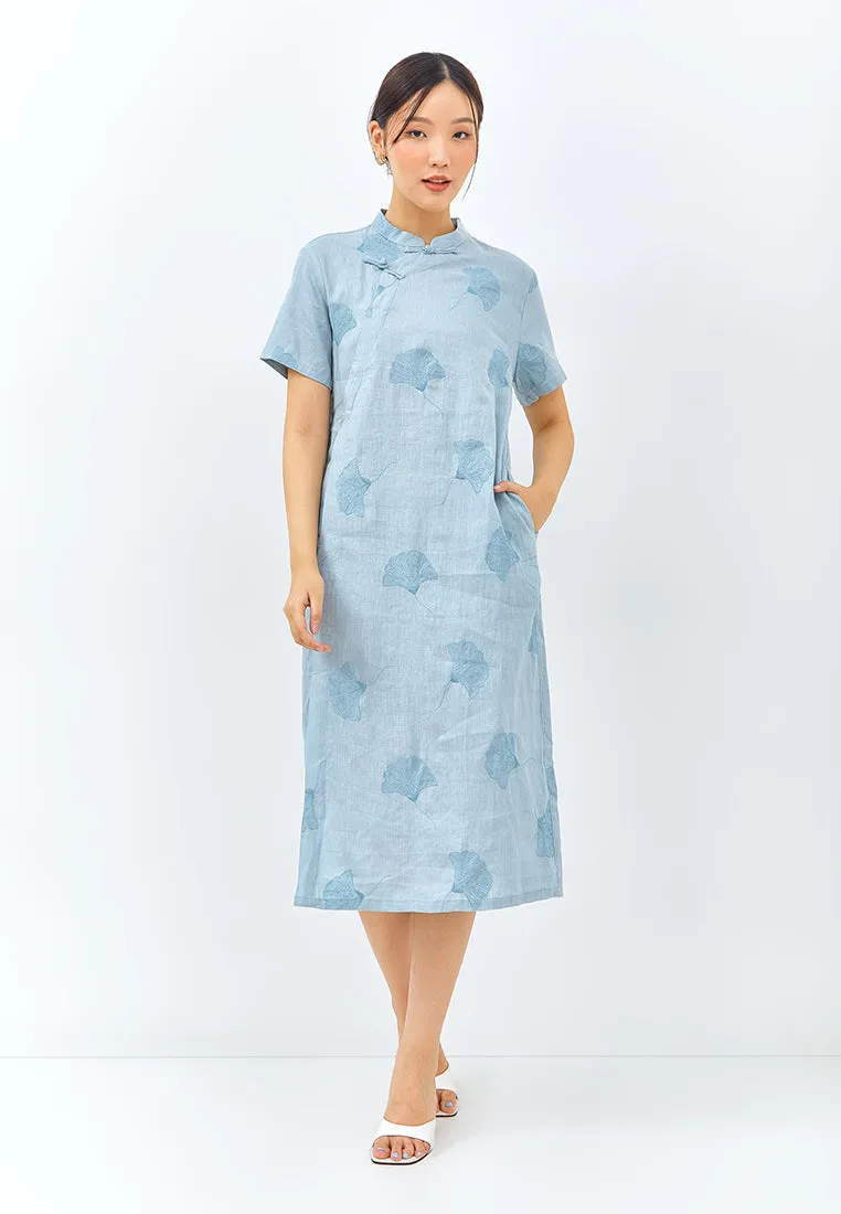 Embroidered Linen Cheongsam Dress in Light Blue