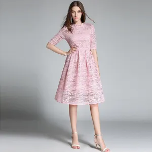 Europe Summer Women's Temperament Lace Hollow Out Long Dresses Femme Casual Slim Clothing Women Party Dresses
