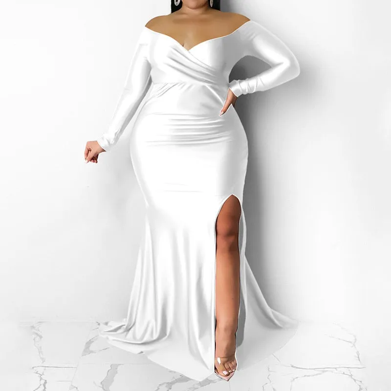 Evening Party Sexy Off Shoulder Solid Color Long Sleeve Deep V-Neck Split