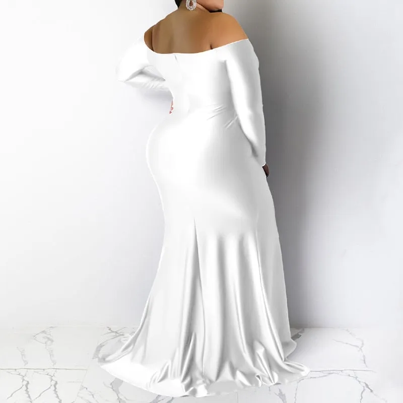 Evening Party Sexy Off Shoulder Solid Color Long Sleeve Deep V-Neck Split