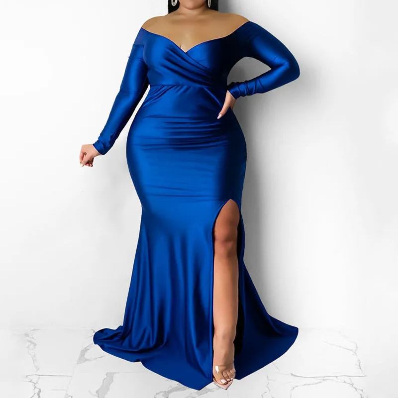 Evening Party Sexy Off Shoulder Solid Color Long Sleeve Deep V-Neck Split