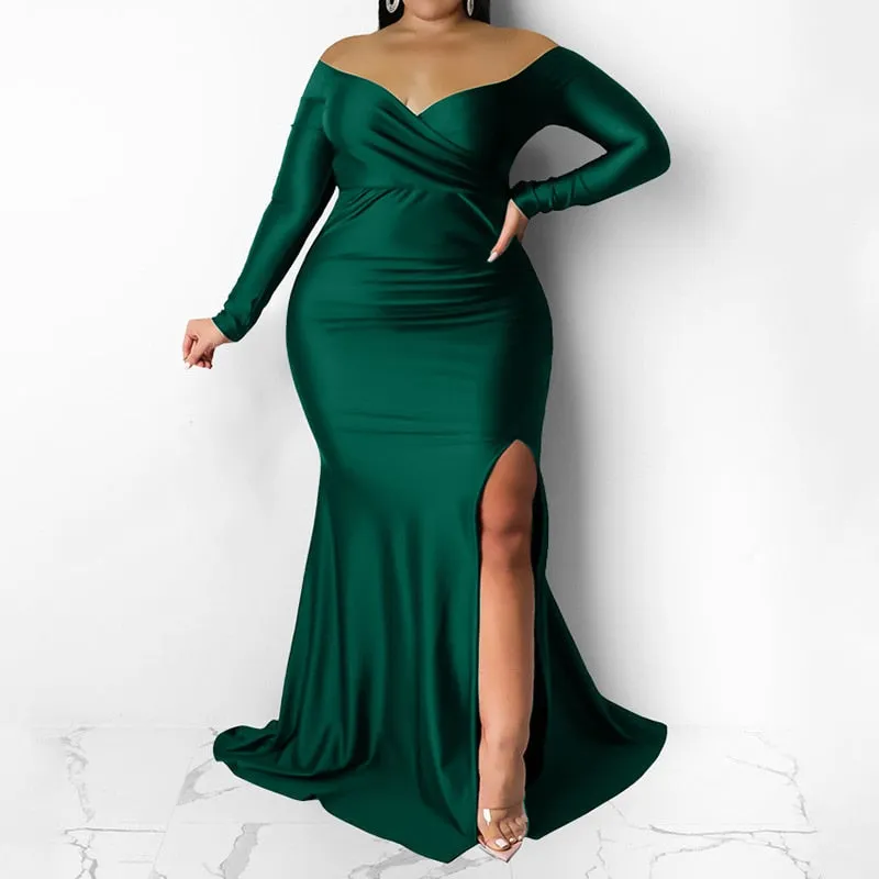 Evening Party Sexy Off Shoulder Solid Color Long Sleeve Deep V-Neck Split