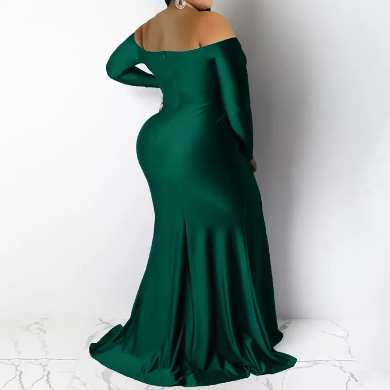 Evening Party Sexy Off Shoulder Solid Color Long Sleeve Deep V-Neck Split