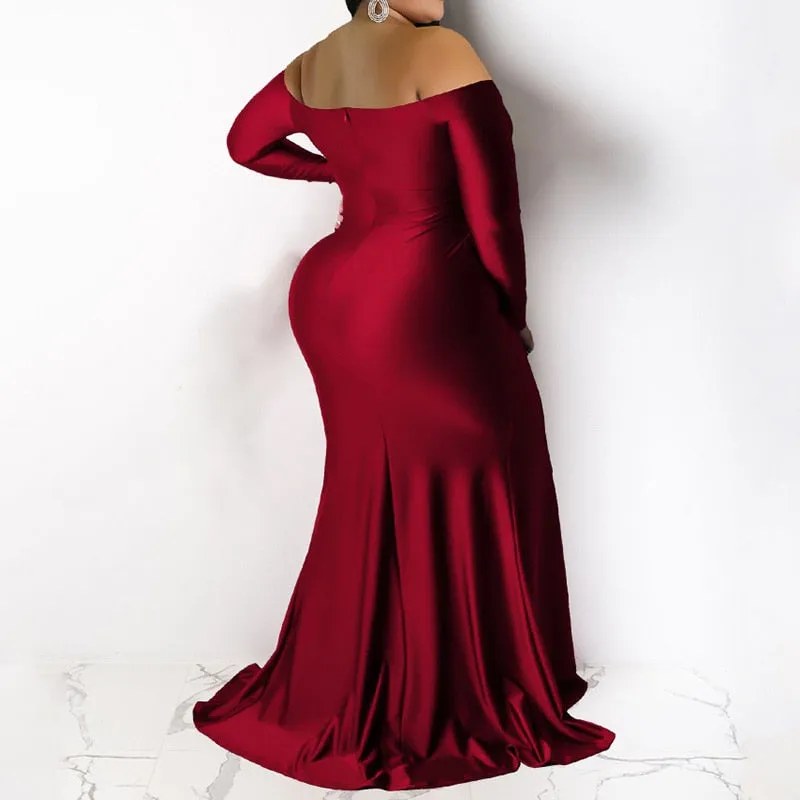 Evening Party Sexy Off Shoulder Solid Color Long Sleeve Deep V-Neck Split