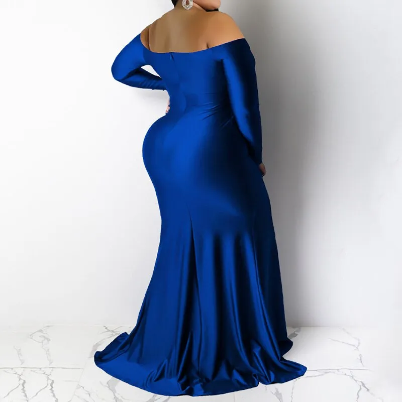 Evening Party Sexy Off Shoulder Solid Color Long Sleeve Deep V-Neck Split