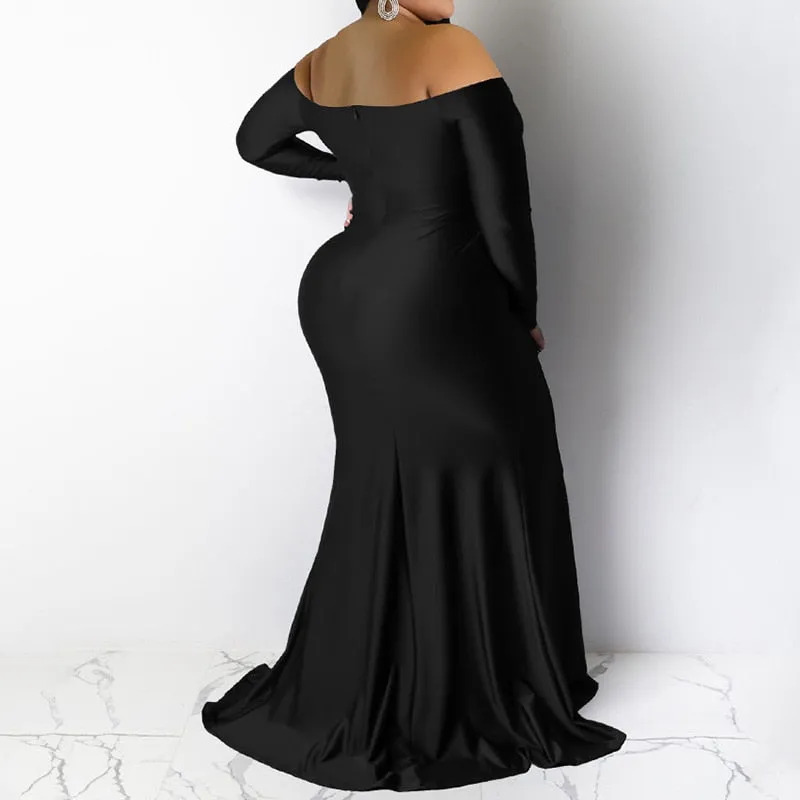 Evening Party Sexy Off Shoulder Solid Color Long Sleeve Deep V-Neck Split
