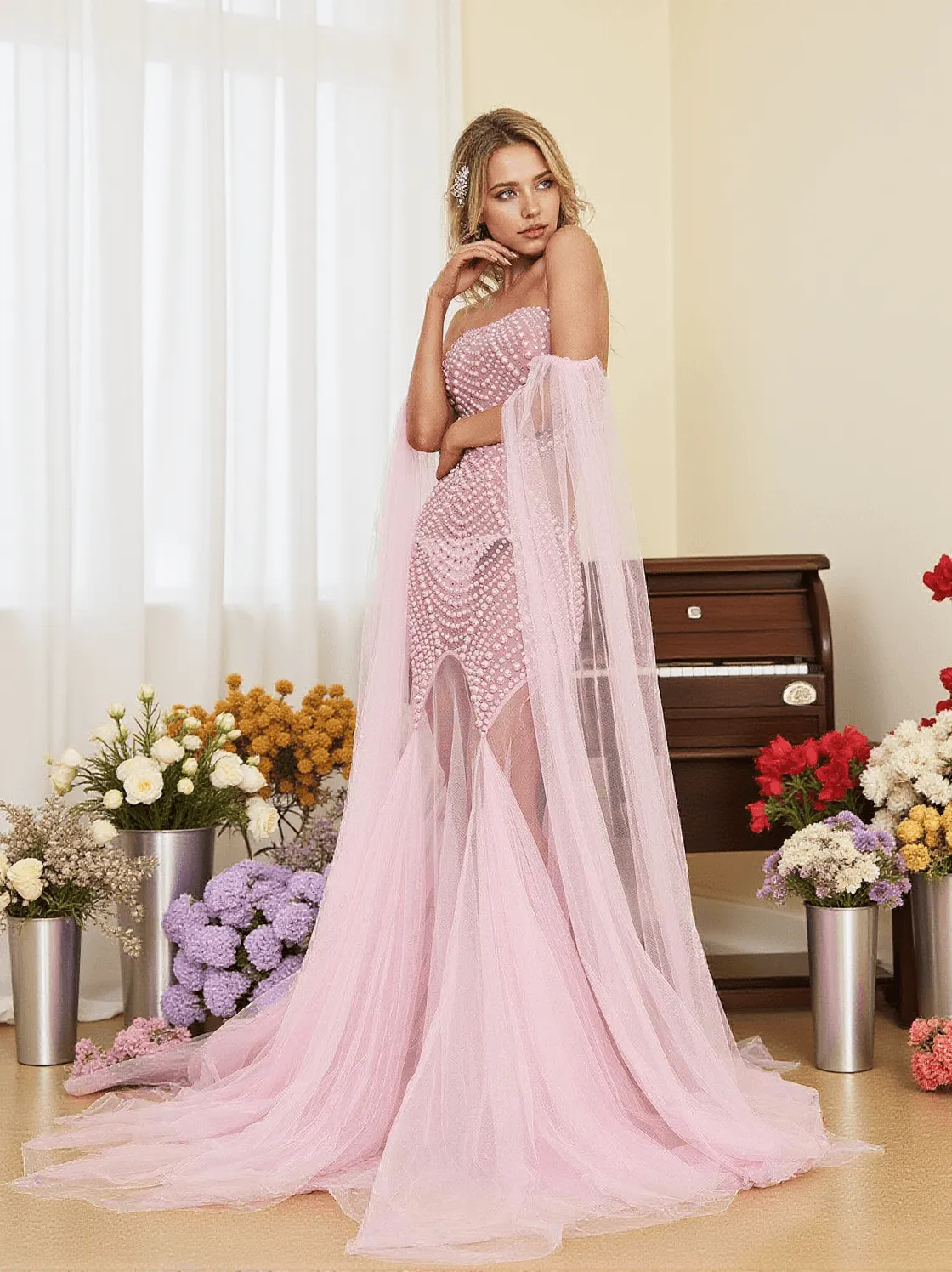 Evren Pearl Embellished Tulle Maxi Dress