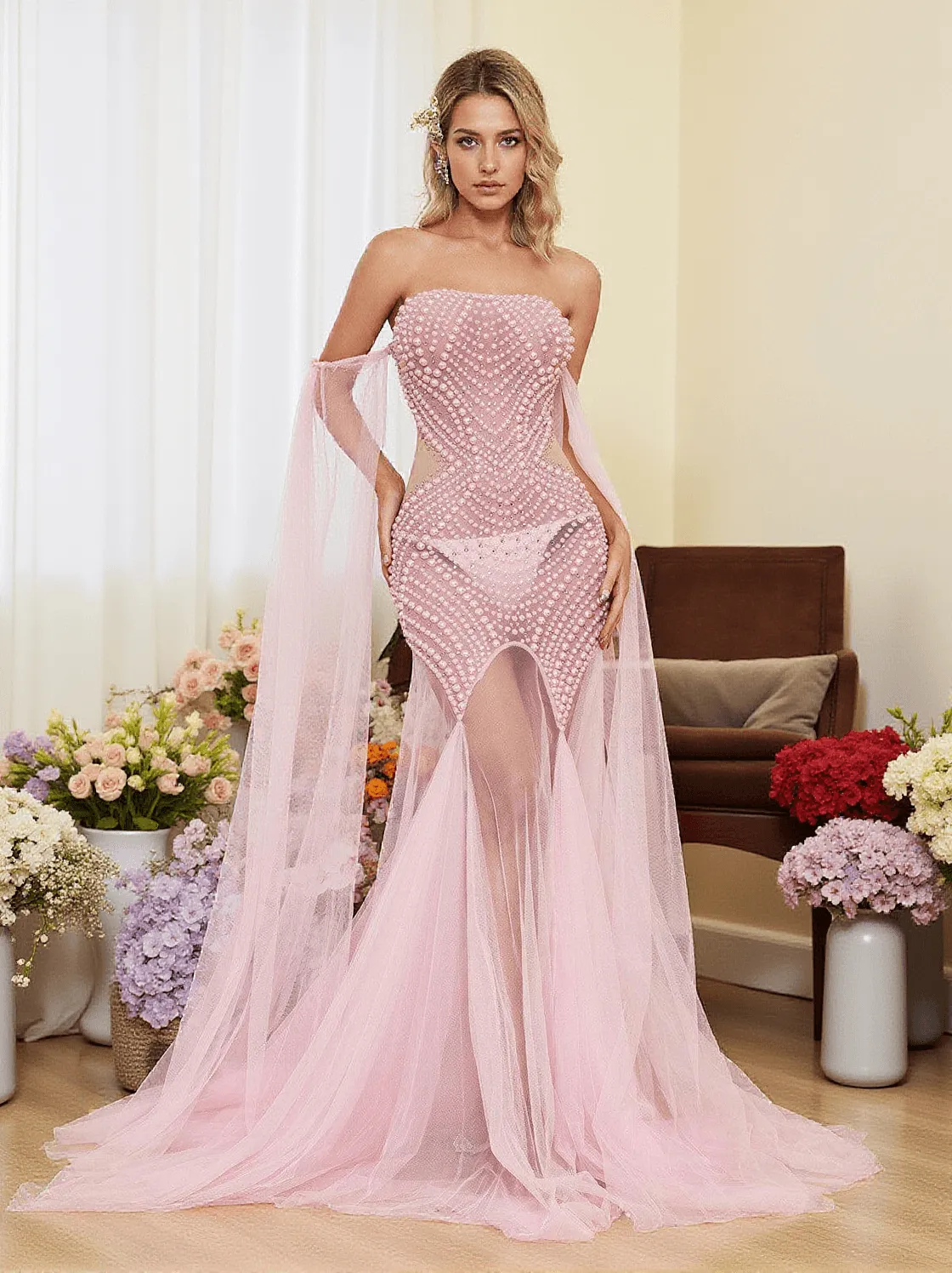Evren Pearl Embellished Tulle Maxi Dress