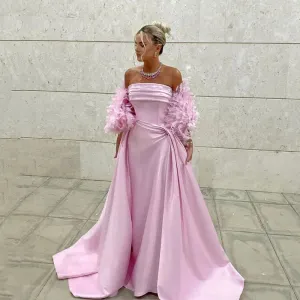 Exquisite Satin Pink Prom Dresses Feathers Strapless Corset Off The Shoulder Evening Party Gown Night Dress Special Eve